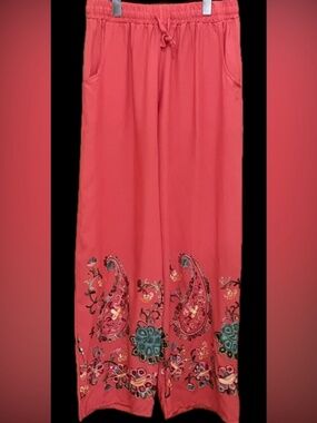 Bohemian embroidered coral Paisley Wide-Leg Pants